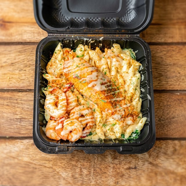 Salmon & shrimp pasta.